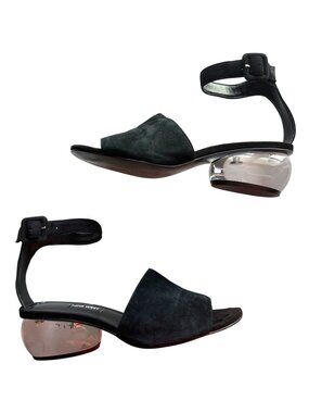 Nine West Bubble Heel Y2K Black Suede Open-Toe Sandals Ankle Strap Peep Toe 9